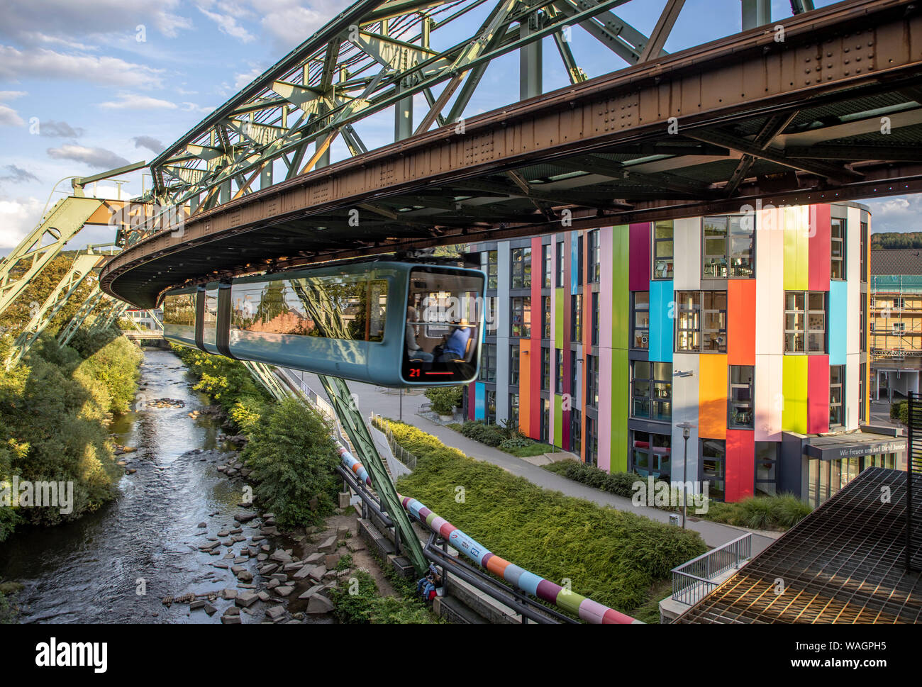 The Wuppertal suspension railway, train of the latest generation 15, Wuppertal, Germany, over river Wupper, Junior Uni, Junior University, Stock Photo