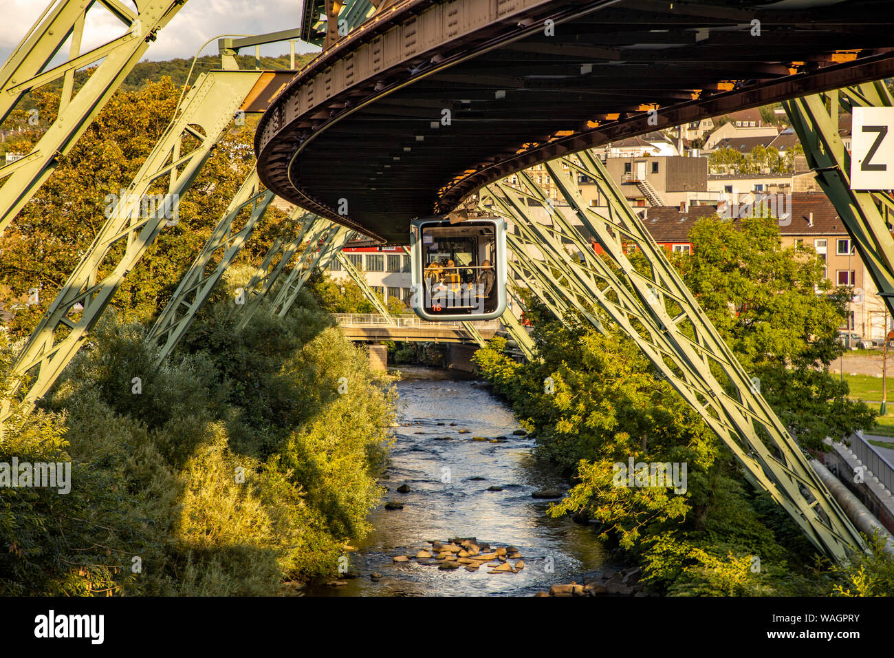 The Wuppertal suspension railway, train of the latest generation 15, Wuppertal, Germany, over river Wupper, Stock Photo