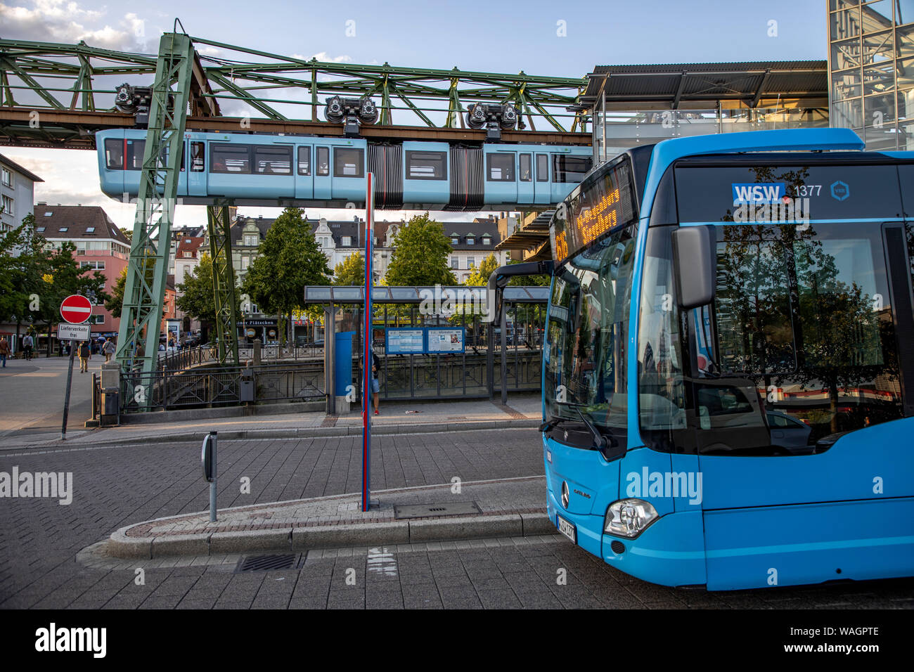 The Wuppertal suspension railway, train of the latest generation 15, Wuppertal, Germany, Wuppertal Barmen Station, Bus connection, Stock Photo