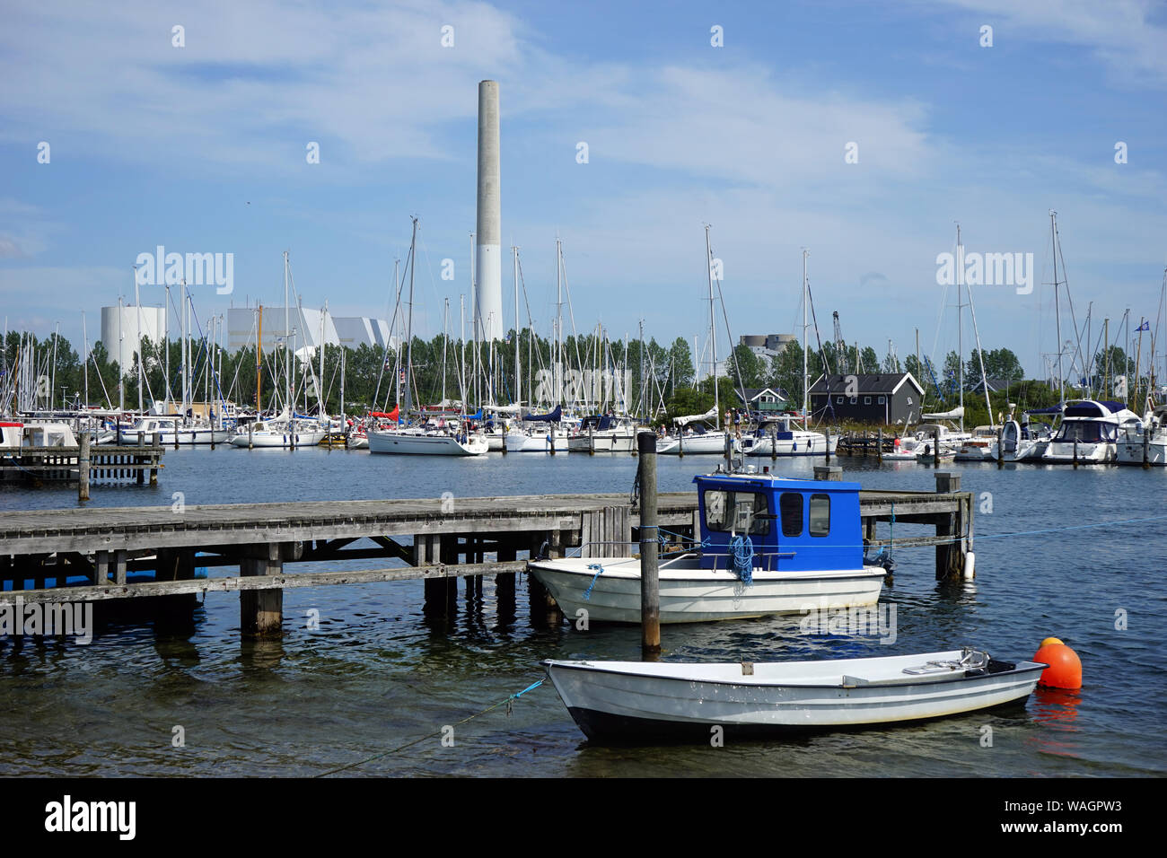 RONDE, DENMARK - CIRCA JULY 2019 Studstru power station andmarina near Baltic sea coast Stock Photo