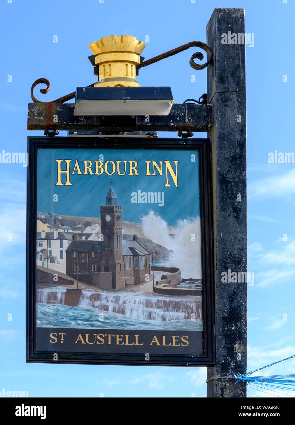 Hanging Pub sign at Harbour Inn - public house - Commercial Road, Porthleven, Cornwall, England, UK Stock Photo