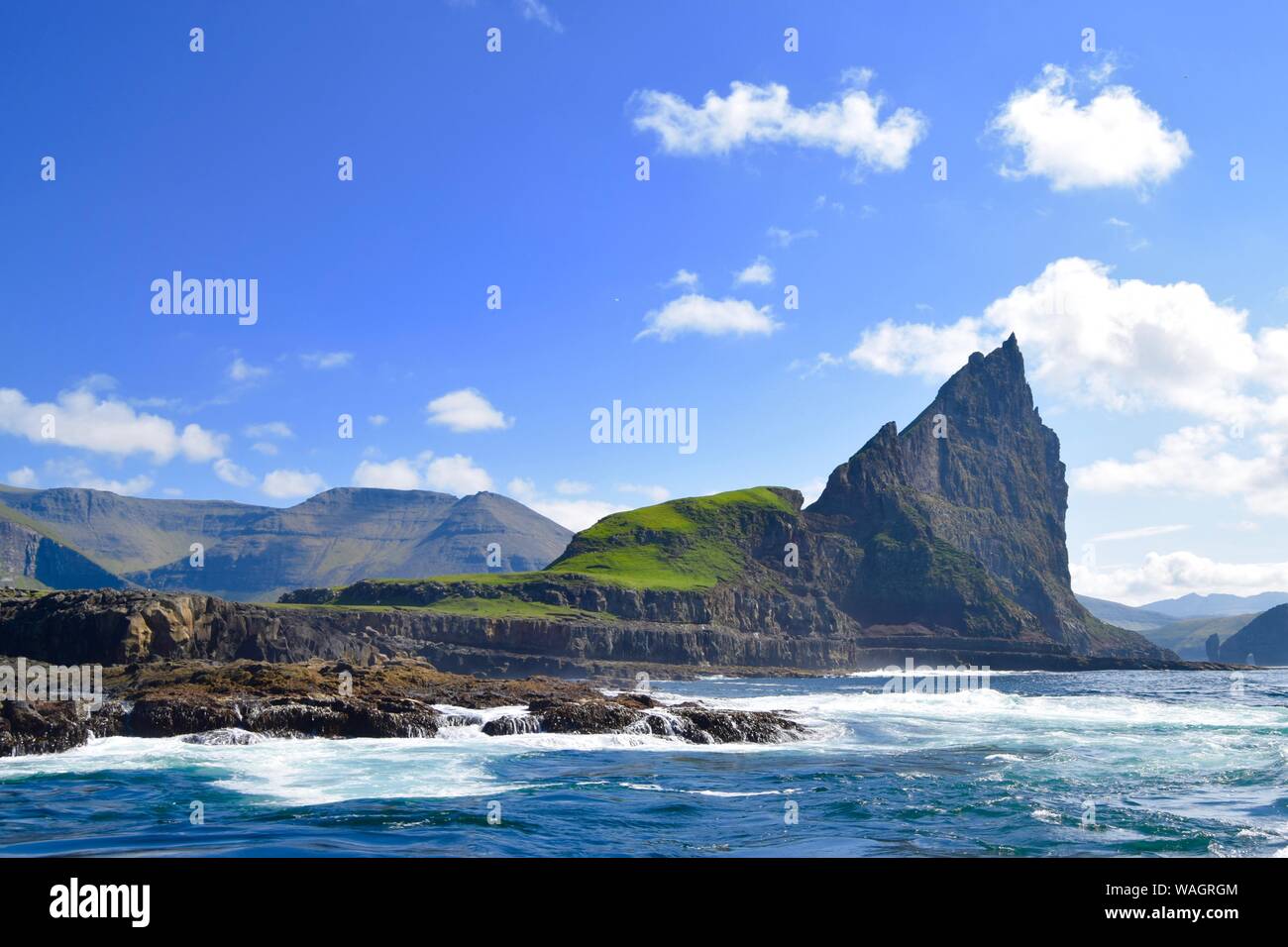 Sea stacks and rock formations at Vagar on the Faroe Islands Stock ...