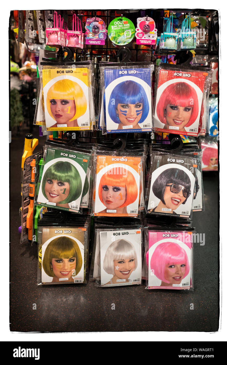 BOB WIGS of various colors for sale at a costume shop in Greenwich Village, Manhattan, New York City. Stock Photo