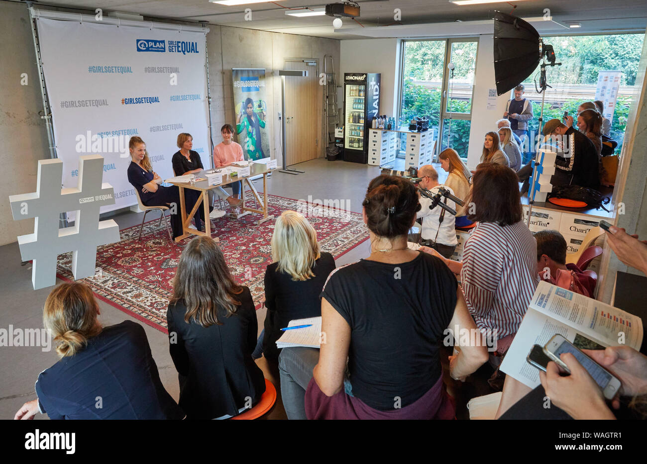 Hamburg, Germany. 20th Aug, 2019. Pheline Roggan (l-r), actress and Plan ambassador, Maike Röttger, Plan managing director, and Hannah Müller-Hillebrand, influencer and Plan ambassador, speak at a Plan International press conference about a survey on role models in the social media. Credit: Georg Wendt/dpa/Alamy Live News Stock Photo