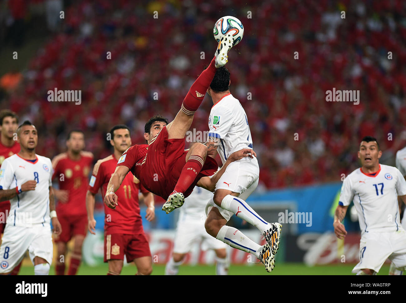 Rio de Janeiro, June 18, 2014. Soccer player Diego Costa hits a bike during the match, Spain vs Chile, for the 2014 World Cup at the Maracanã Stadium Stock Photo