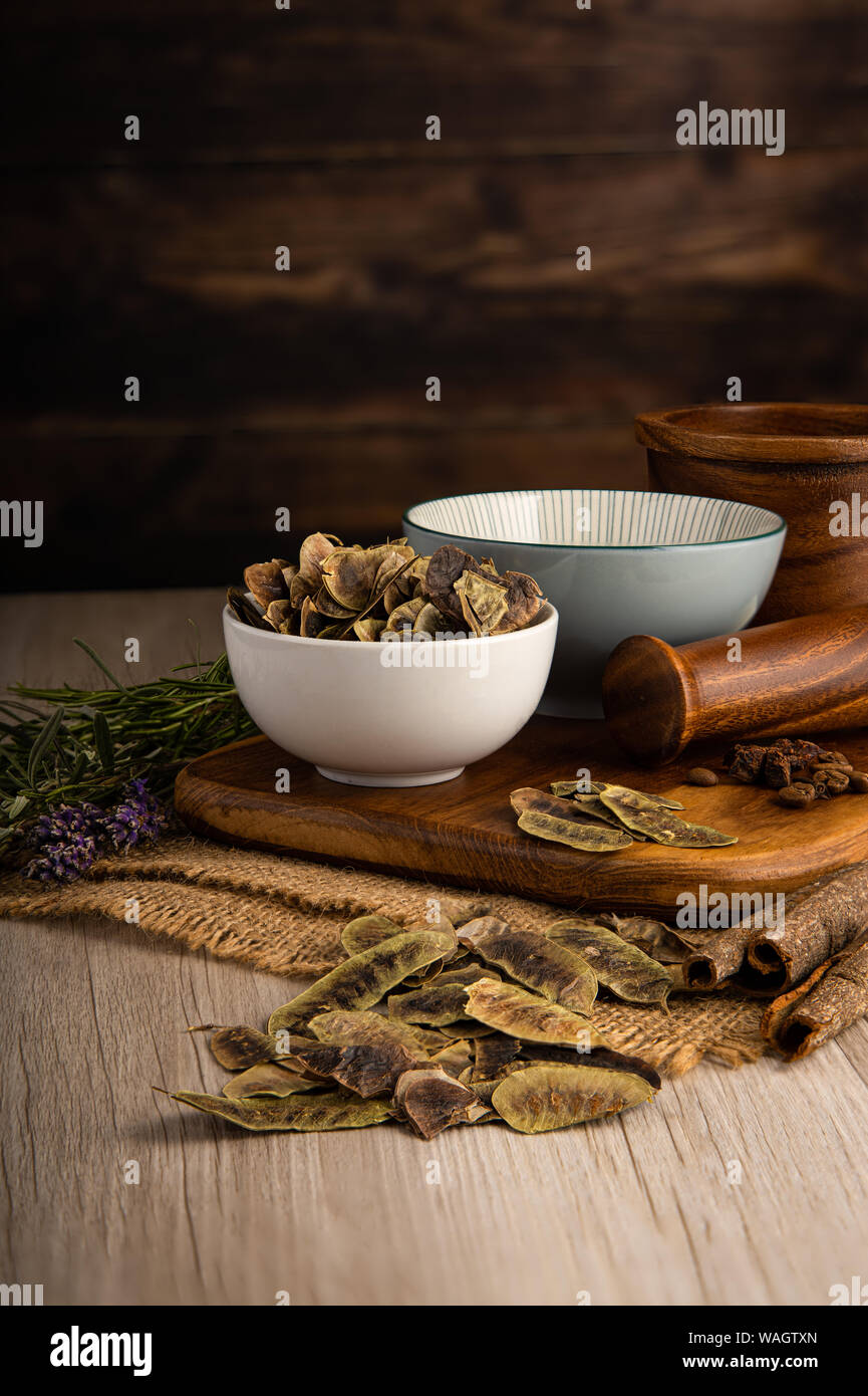 Senna Pods in a bowl and food preparation and kitchen setting Stock