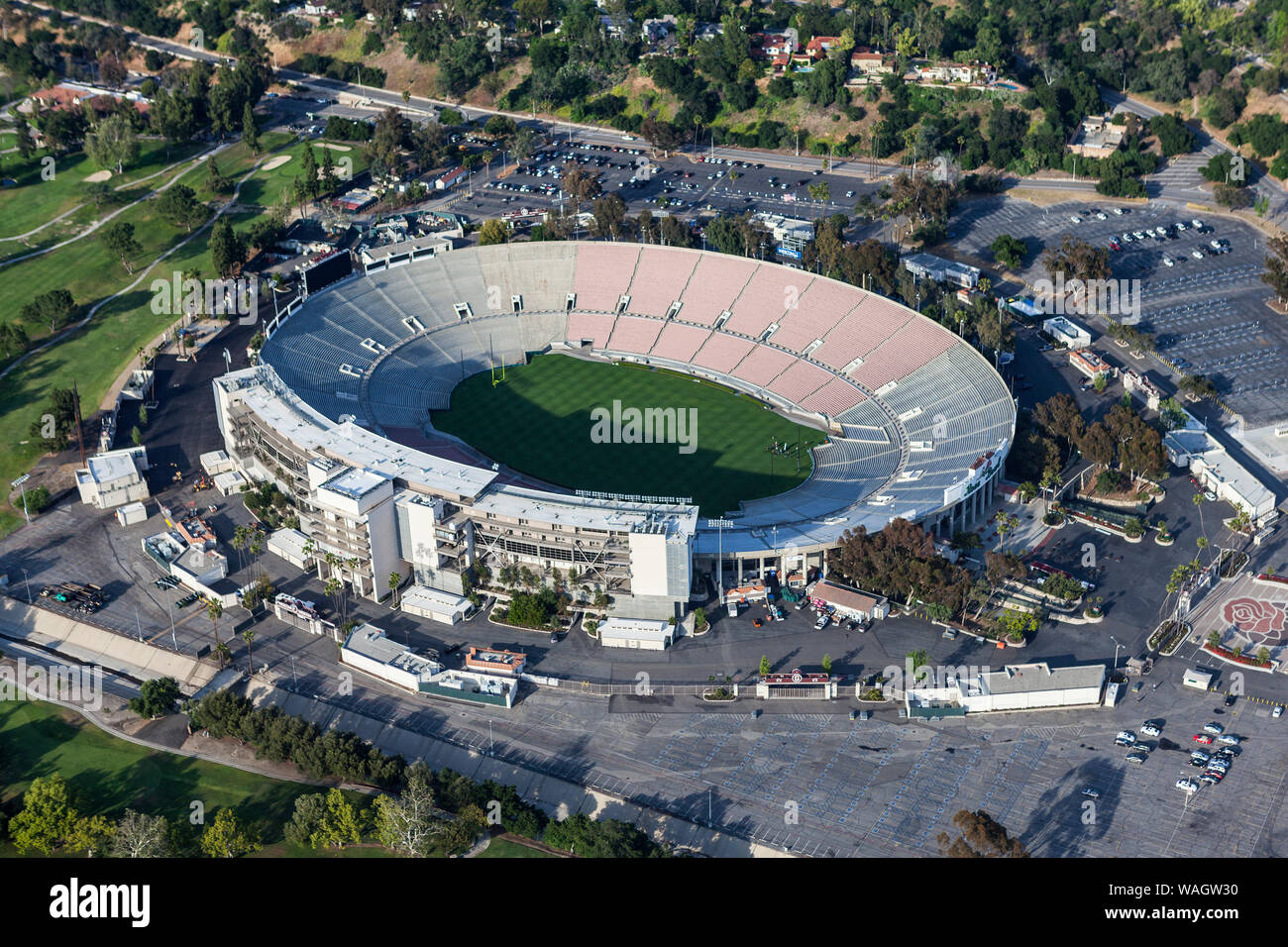 Aerial view of the historic Rose Bowl Stadium near Los Angeles on April 12, 2017 in Pasadena