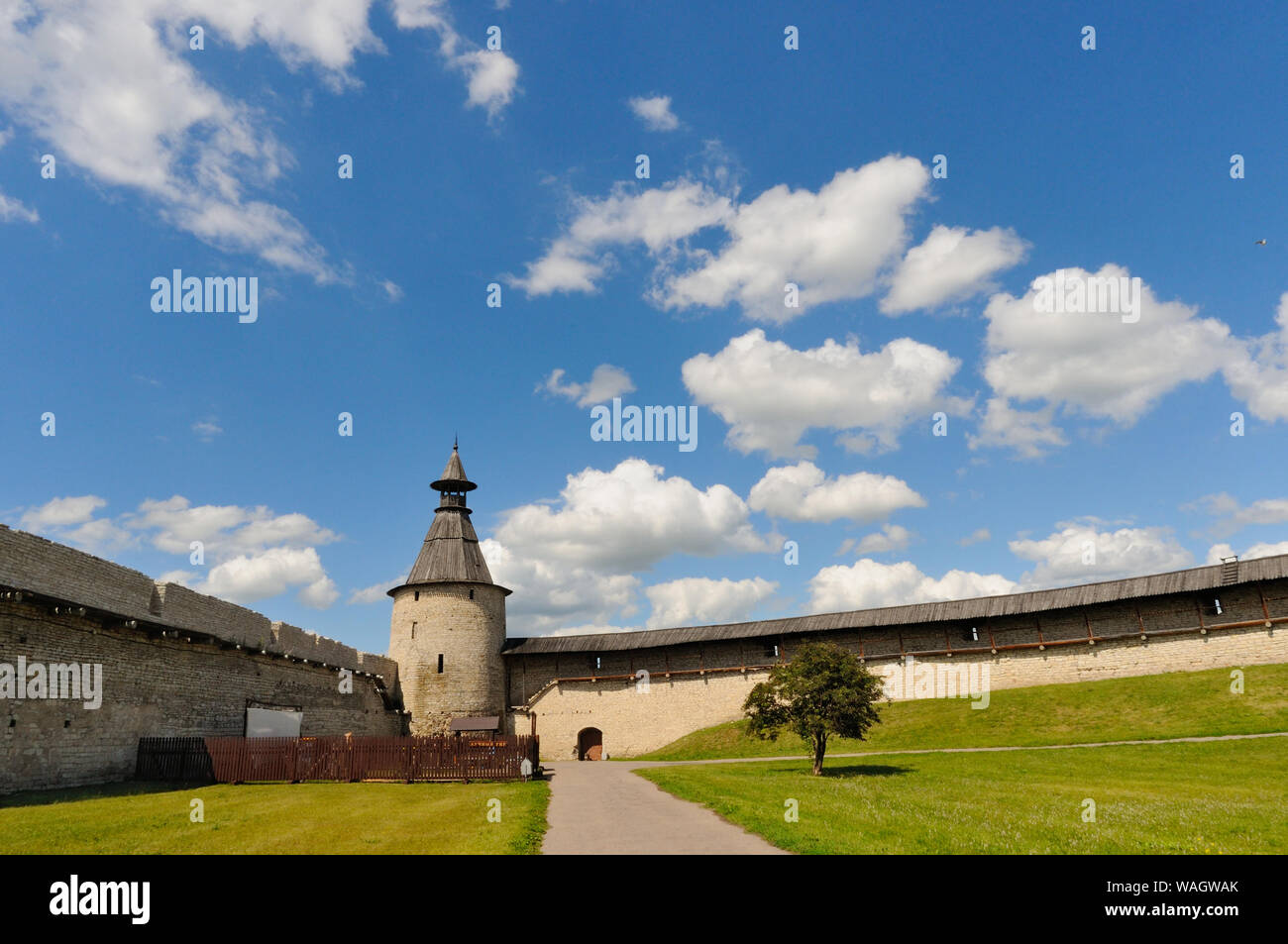 View of the Pskov Krom (fortress) walls from inside, Pskov, Russia Stock Photo
