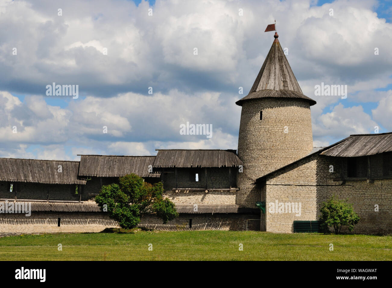 View of the Pskov Krom (fortress) walls from inside, Pskov, Russia Stock Photo