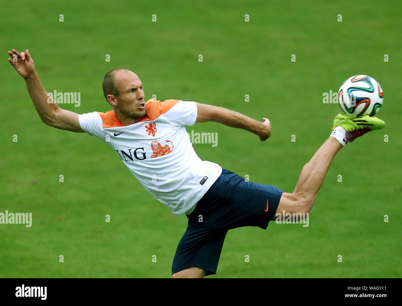 Rio de Janeiro, June 10, 2014. Player Robben of the Dutch soccer team in training at the Clube do Flamengo field during the Soccer World Cup 2014 in t Stock Photo