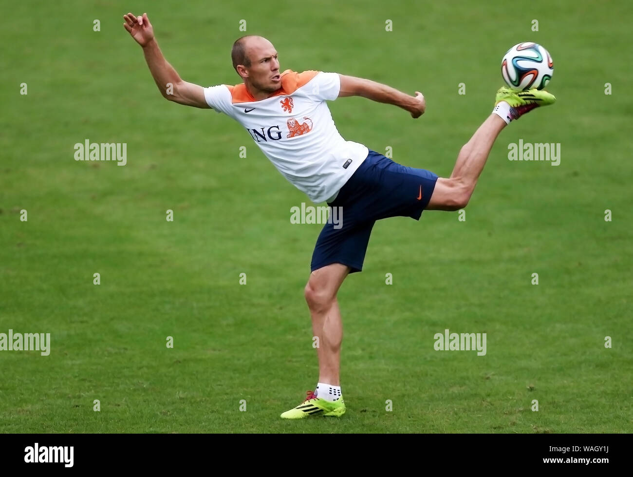 Rio de Janeiro, June 10, 2014. Player Robben of the Dutch soccer team in training at the Clube do Flamengo field during the Soccer World Cup 2014 in t Stock Photo