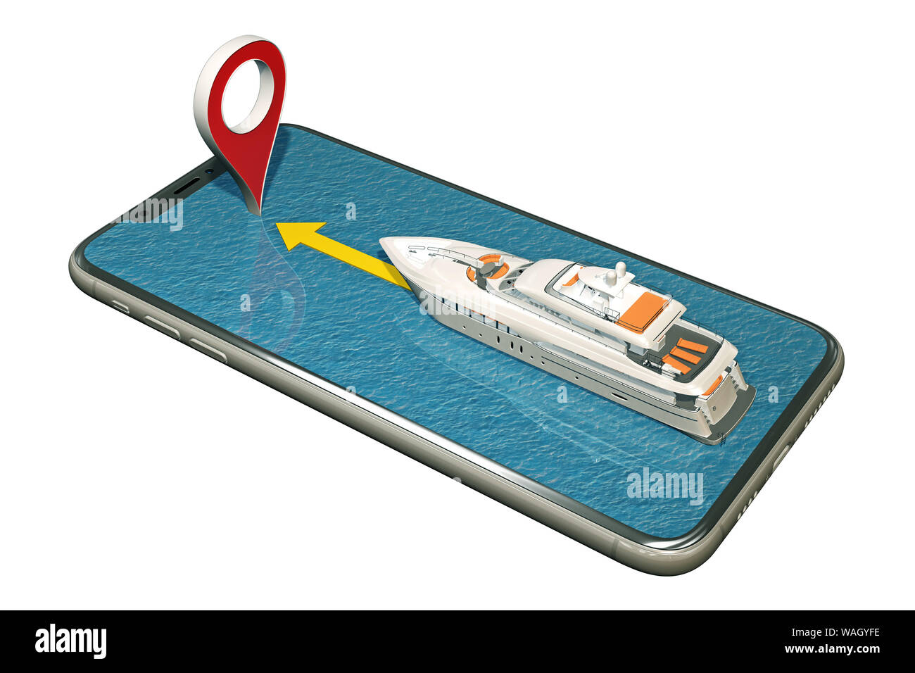 boat floats on the smartphone to marker pin. 3d rendering Stock Photo