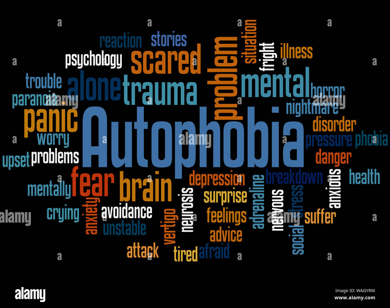 Autophobia fear of being alone word cloud concept on black background Stock Photo Alamy