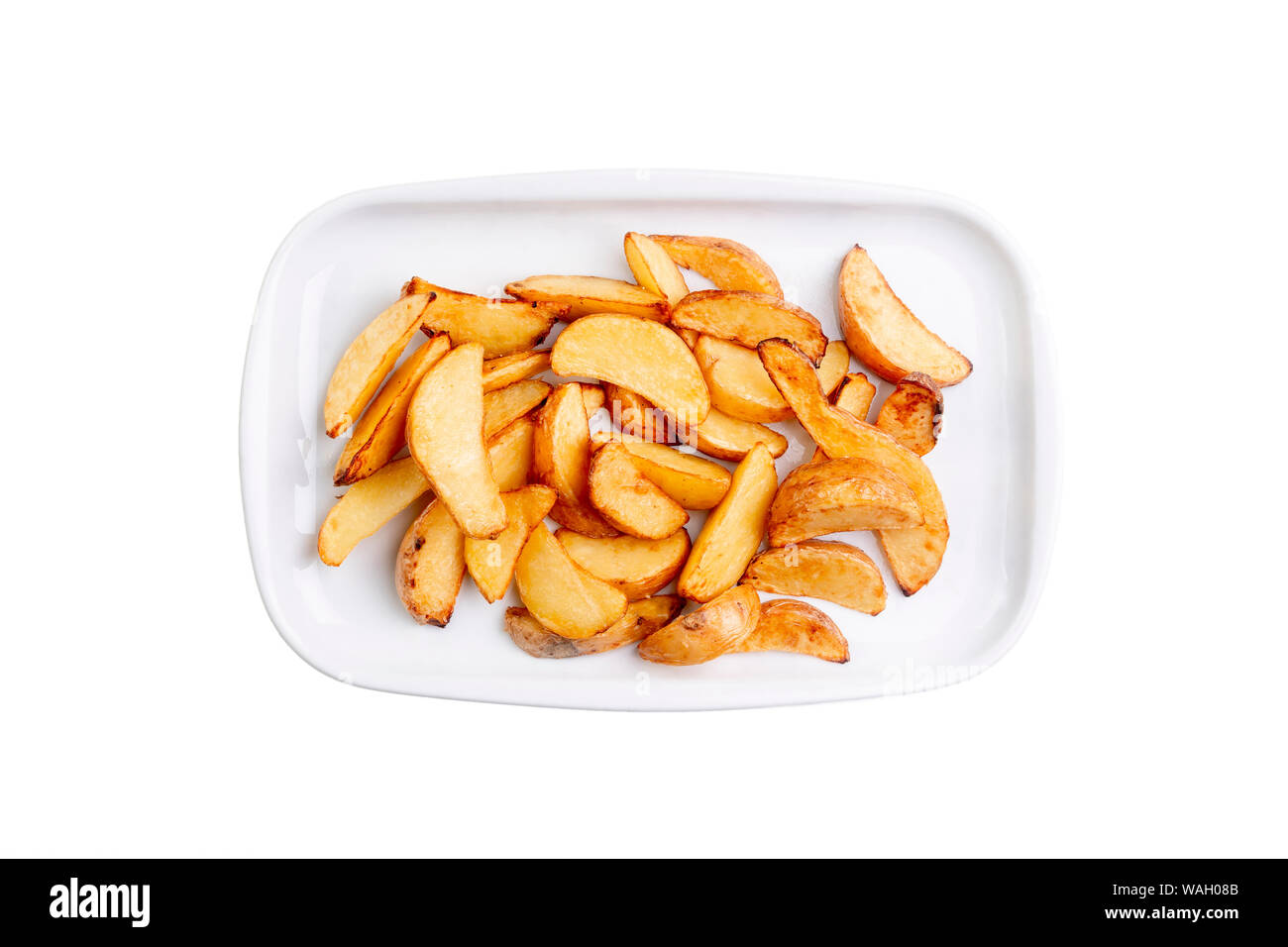 Potato wedges on white plate isolated on white background. Hot fastfood. Top view Food Image for menu card, web design, site, shop or delivery. High q Stock Photo