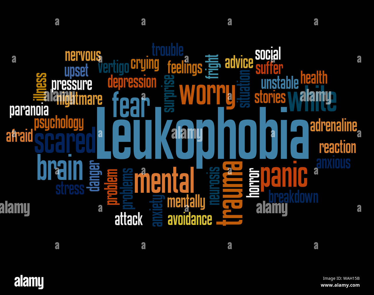 Leukophobia fear of the color white word cloud concept on black background. Stock Photo