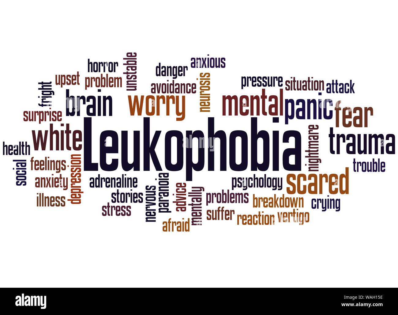 Leukophobia fear of the color white word cloud concept on white background. Stock Photo