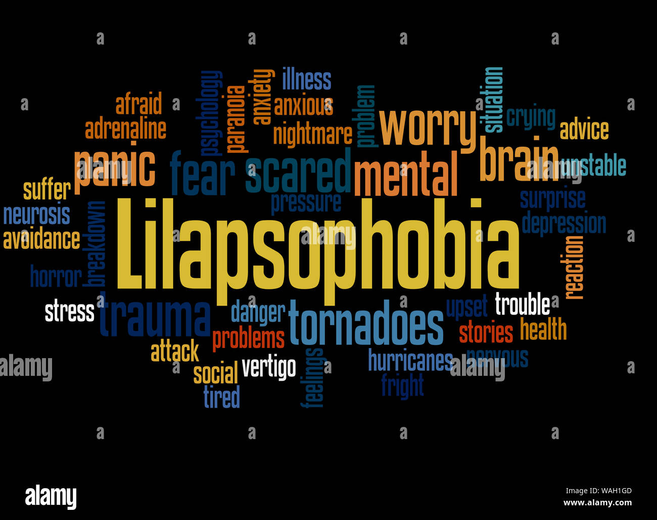 Lilapsophobia fear of tornadoes and hurricanes word cloud concept on white background Stock
