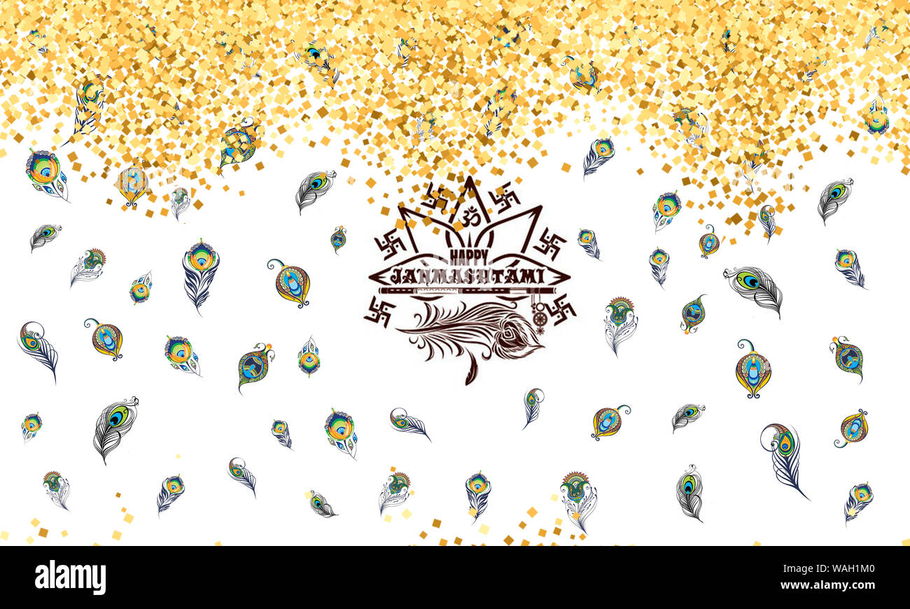 Happy Janmashtami Seamless Illustration.Gold Confetti.Auspicious Krishna Janmashtami festival card with gold pattern and crystals on white background. Stock Photo