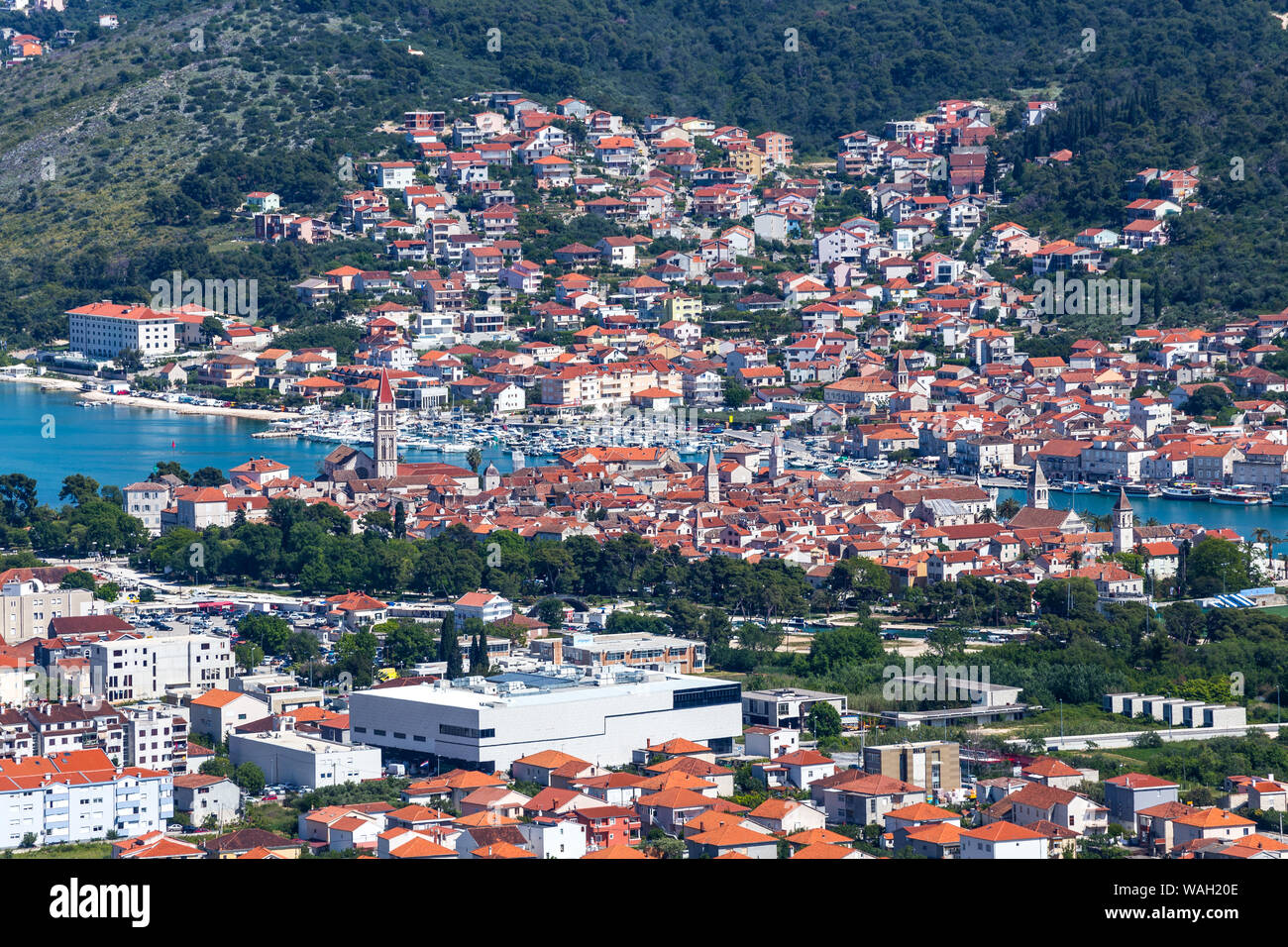 08 MAY 2019, Trogir, Croatia. Aerial overivew of the old city. Stock Photo