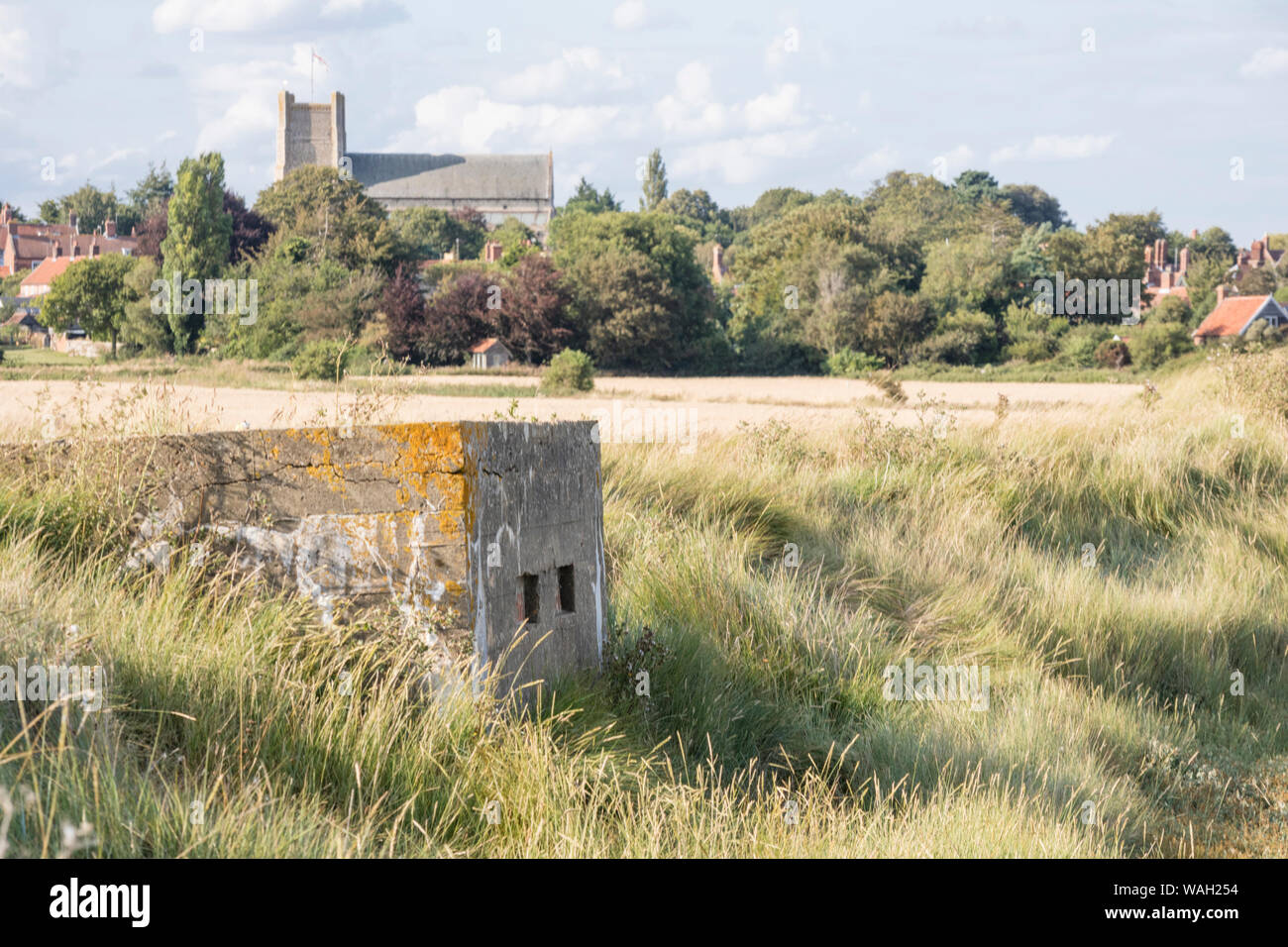 A World War Il pillbox – overlooking the River Ore at Orford, Suffolk coast, England, UK Stock Photo