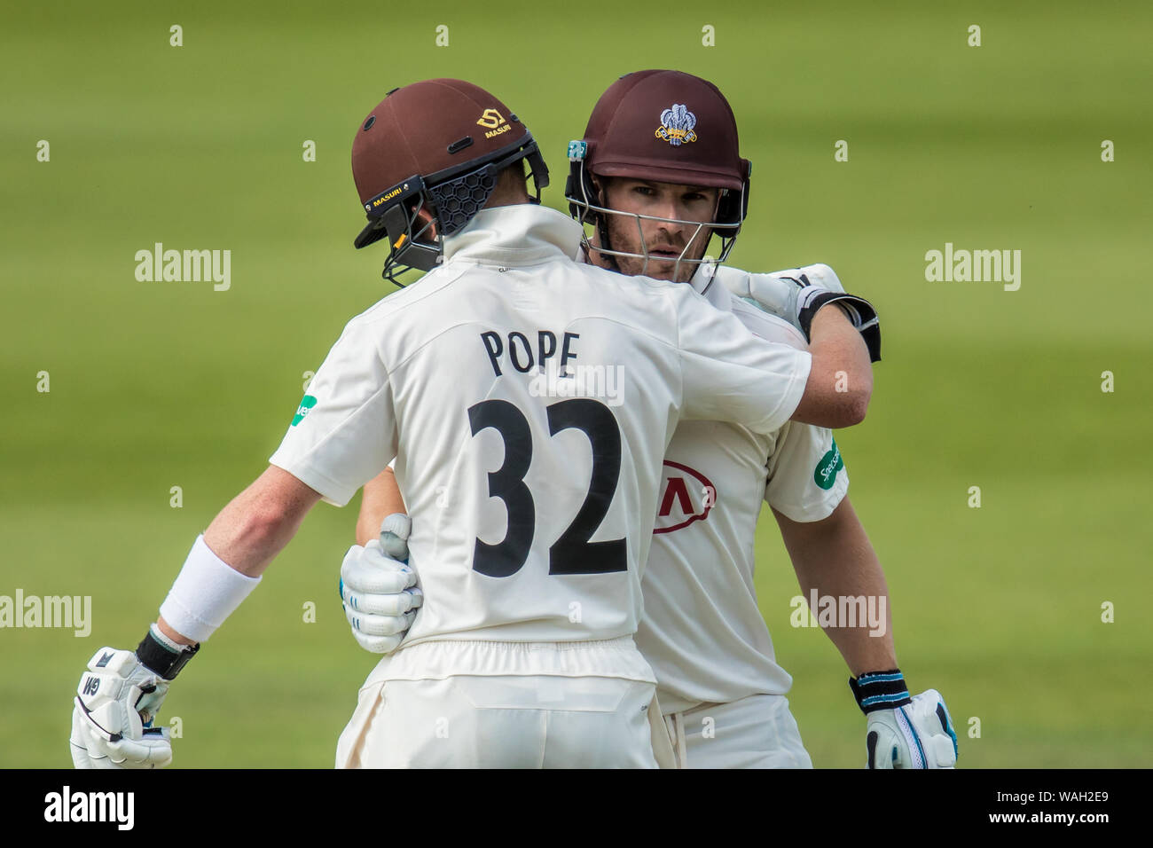 London, UK. 20 August, 2019. Arron Finch reaches his fifty batting for Surrey against Hampshire on day three of the Specsavers County Championship game at the Oval. David Rowe/Alamy Live News Stock Photo