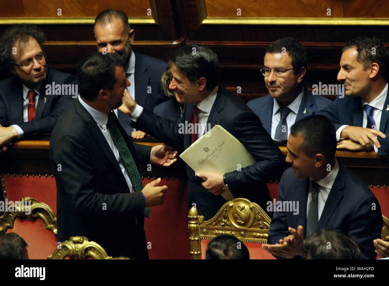Rome, Italy. 20th Aug, 2019. Matteo Salvini, Giuseppe Conte and Luigi di Maio Rome August 20th 2019. Senate. Speech of the Prime Minister about the crisis of Government. Just after the speech the Premier went to the President of the Republic to resign Foto Insidefoto Credit: insidefoto srl/Alamy Live News Stock Photo