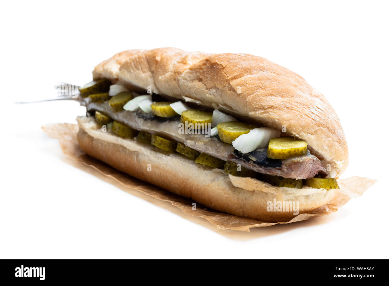 Traditional Dutch sandwich with herring and pickles isolated on white Stock Photo Alamy