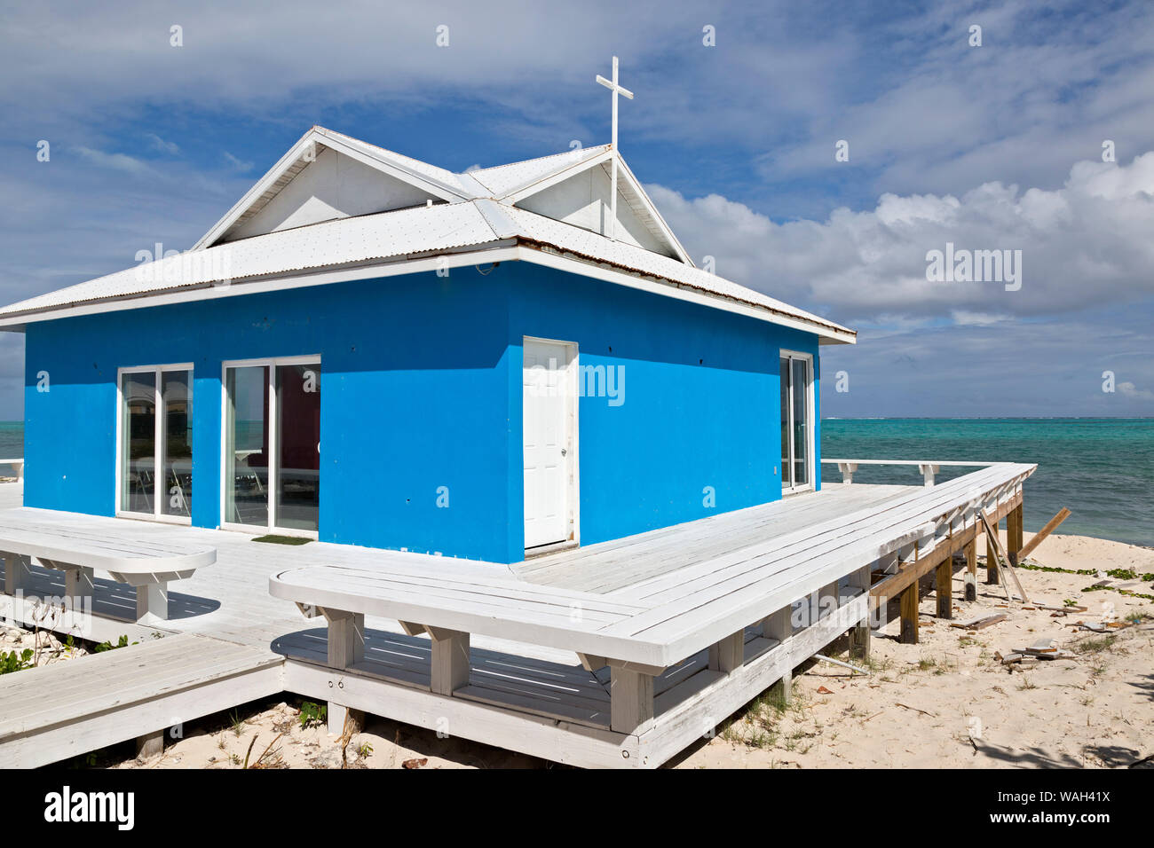 Meeting room of Church of Christ on the beach in the Blue Hills area of Providenciales in the Turks and Caicos islands. Stock Photo