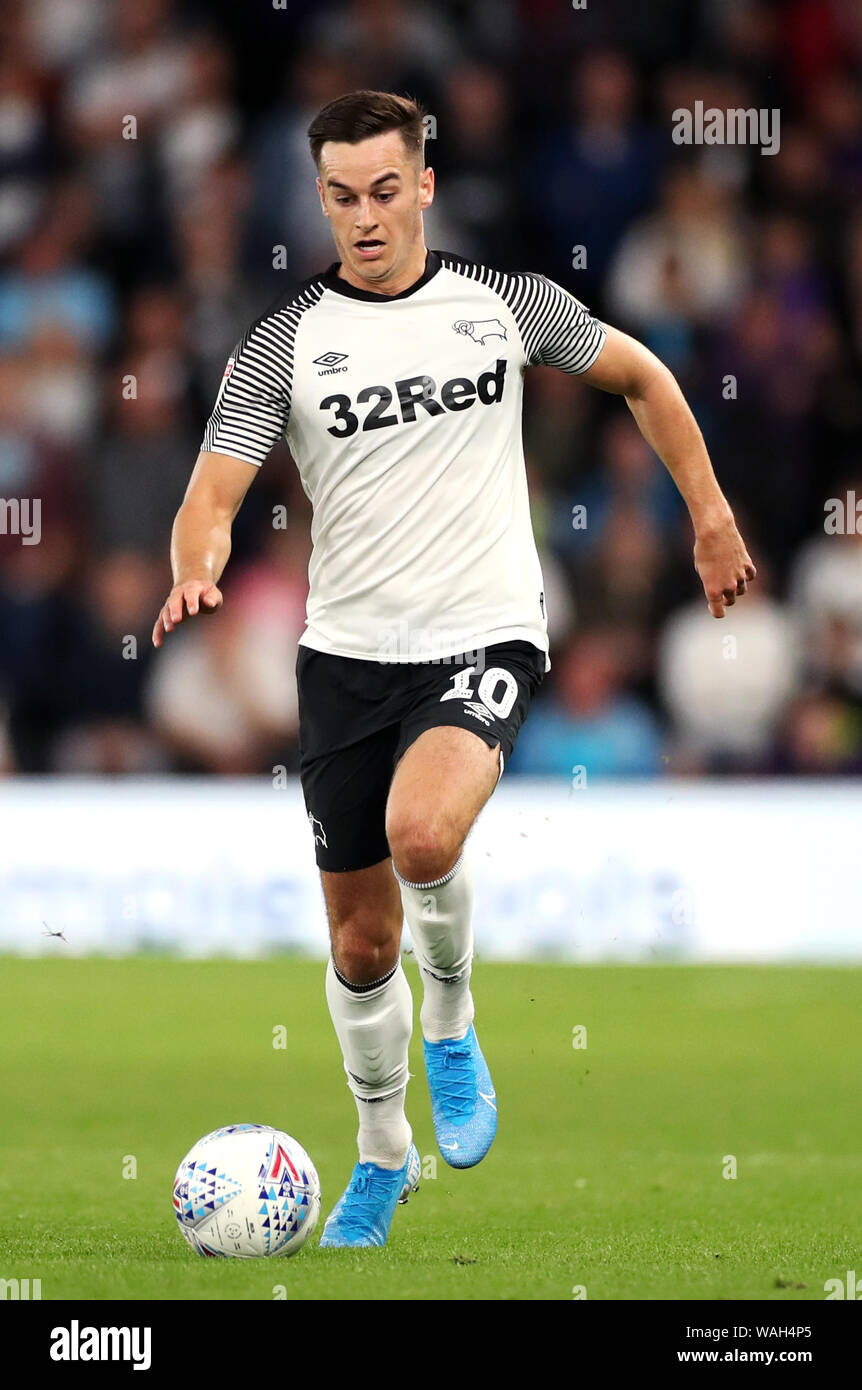 Derby County's Tom Lawrence during the Sky Bet Championship match at Pride Park, Derby. Stock Photo