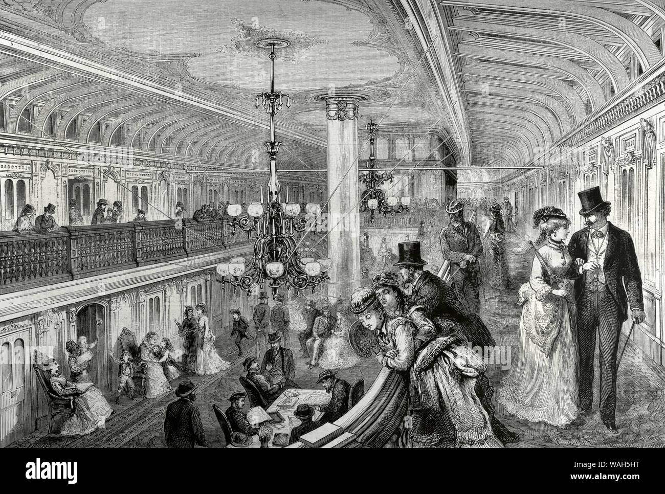 United States of America. "Fall River LIne". Steam boat combination and connection with railroad between New York and Boston, which was operational from 1847 to 1937. Interior of the luxurious main hall of one of the ships of the river fleet, the steamship "Bristol". Engraving. La Ilustracion Española y Americana, April 22, 1876. Stock Photo