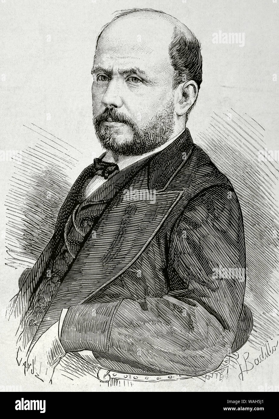 Anibal Pinto Garmendia (1825-1884). Chilean politician. President of Chile between 1871 and 1881 for the Liberal Party. He had to face the monetary crisis and declared war on Peru and Bolivia in 1879. Drawing by Badillo. Engraving by Capuz. La Ilustracion Española y Americana, March 22, 1876. Stock Photo