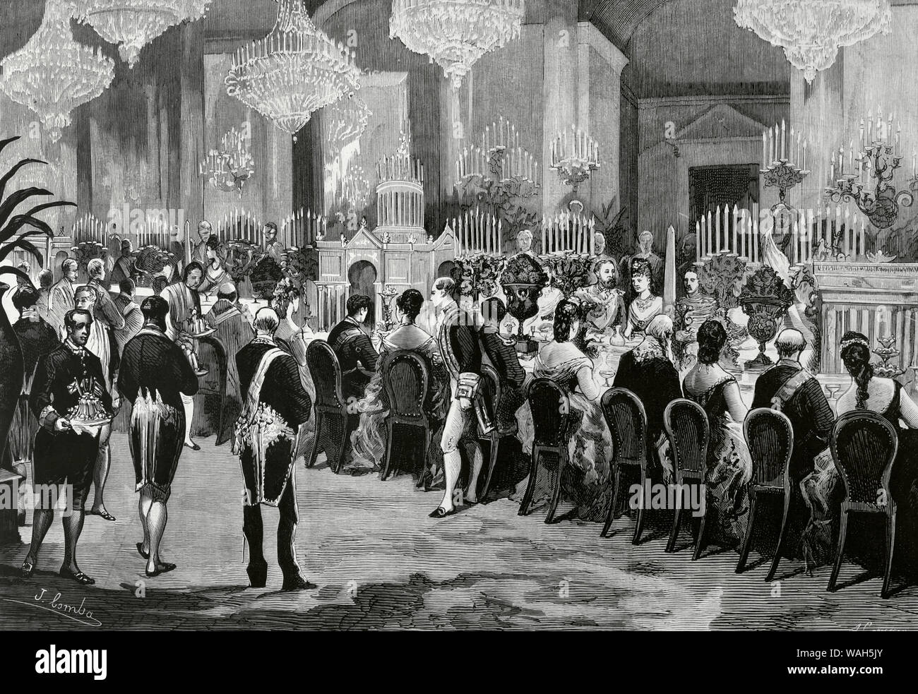 Visit of the Prince of Wales to Spain. Madrid. Royal banquet offered by King Alfonso XII (1857-1885) to the Prince Albert Edward (1841-1910), future Edward VII. It was held in the Column Hall of the Royal Palace, in the evening of April 26, 1876. Drawing by Juan Comba (1852-1924). Engraving by Arturo Carretero (1852-1903). La Ilustracion Española y Americana, Mai 8, 1876. Stock Photo