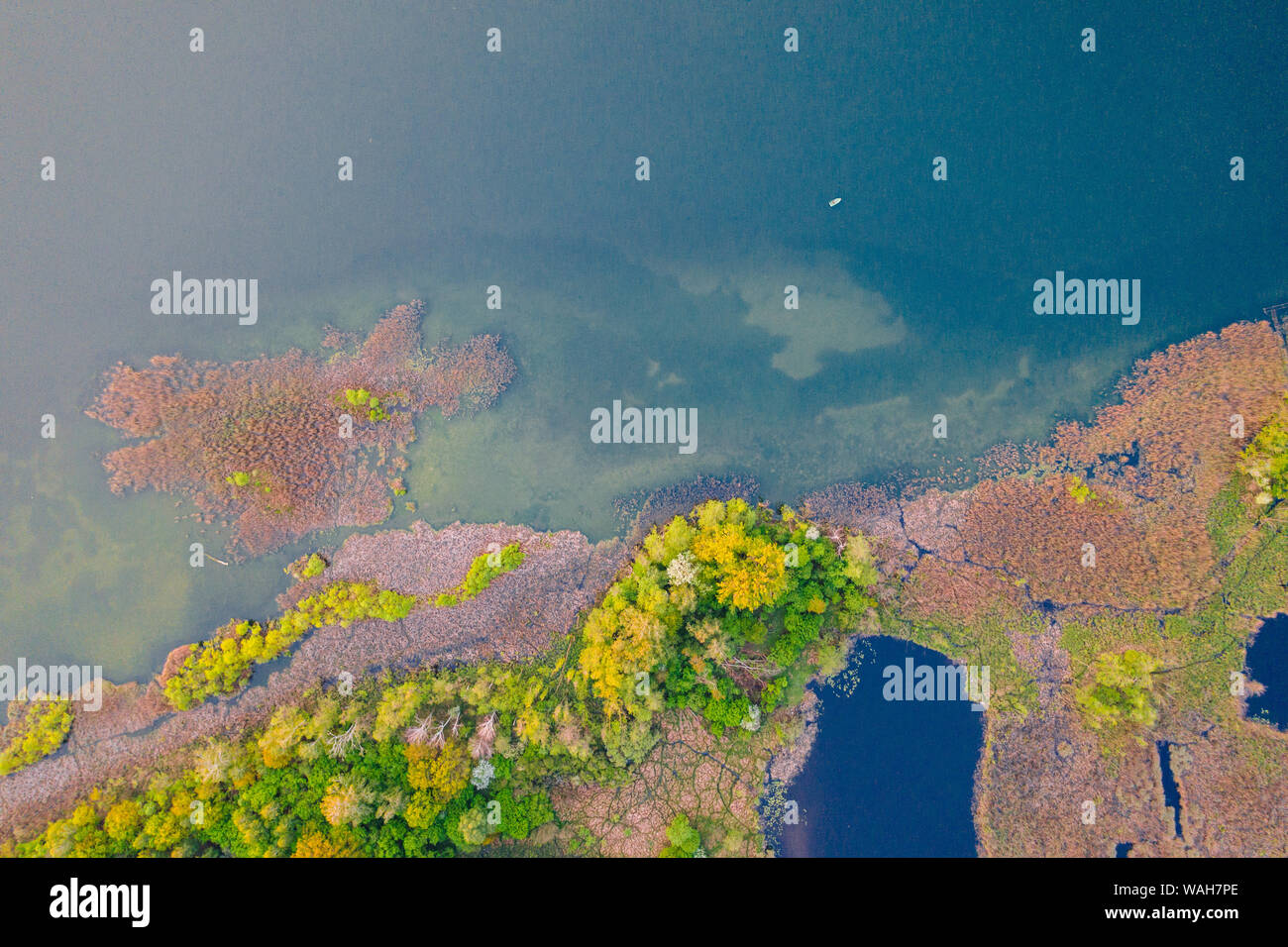 Aerial drone photography of a lake landscape during sunset. Beautiful ...