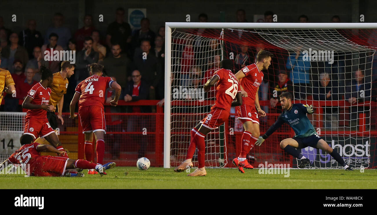 Crawley, UK. 20 August 2019 Crewe draw level during the Sky Bet League One match between Crawley Town and Crewe Alexandra at  the Peoples Pension Stadium in Scunthorpe. 20 August 2019. Credit: Telephoto Images / Alamy Live News Stock Photo
