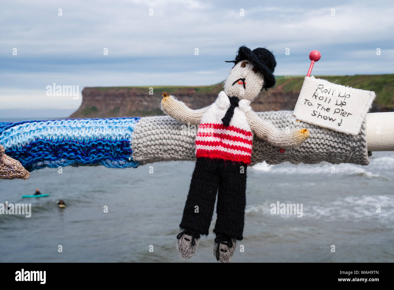 A detail of a community yarn-bombing endeavour at Saltburn, celebrating the 150th anniversary of the pier. Stock Photo