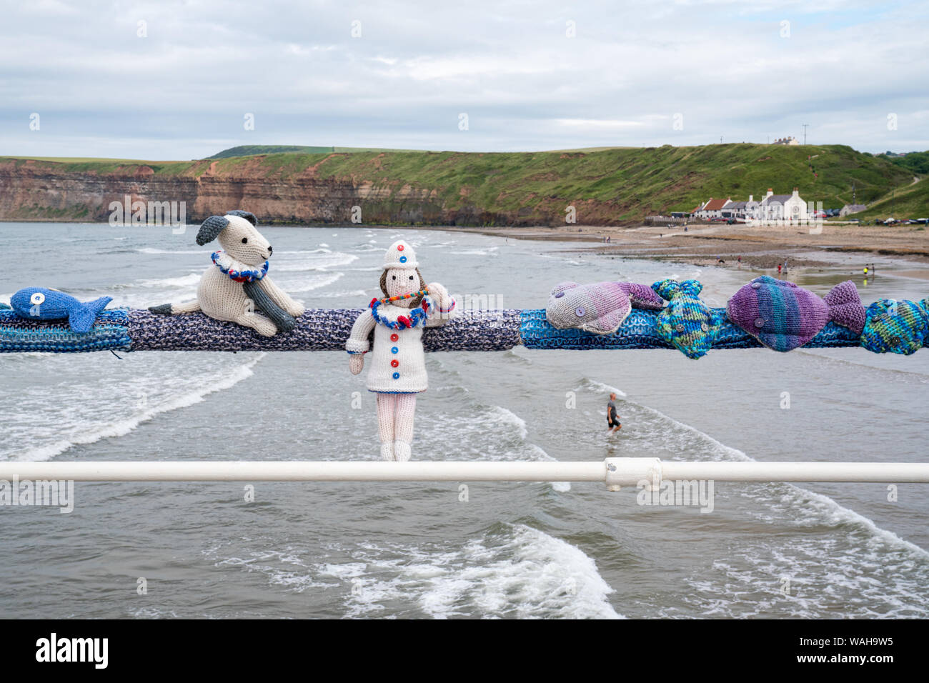 A detail of a community yarn-bombing endeavour at Saltburn, celebrating the 150th anniversary of the pier. Stock Photo