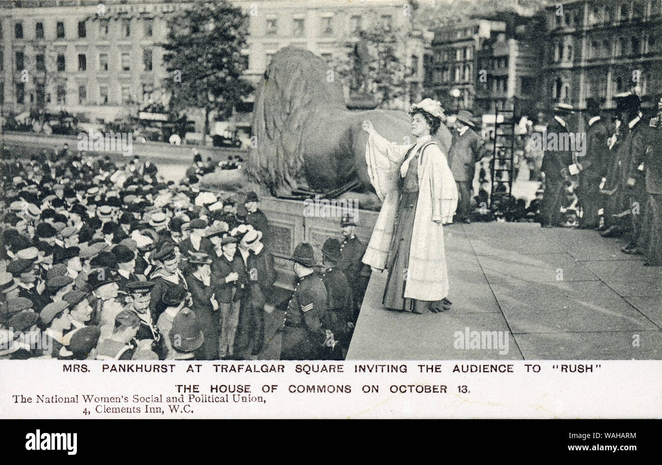 Mrs Pankhurst in Trafalgar Square addresses the crowd on October 13th 1908 before rushing Parliament, an action which saw her and her daughter Christobel jailed, on a postcard published by the Womens Social and Political Union Stock Photo