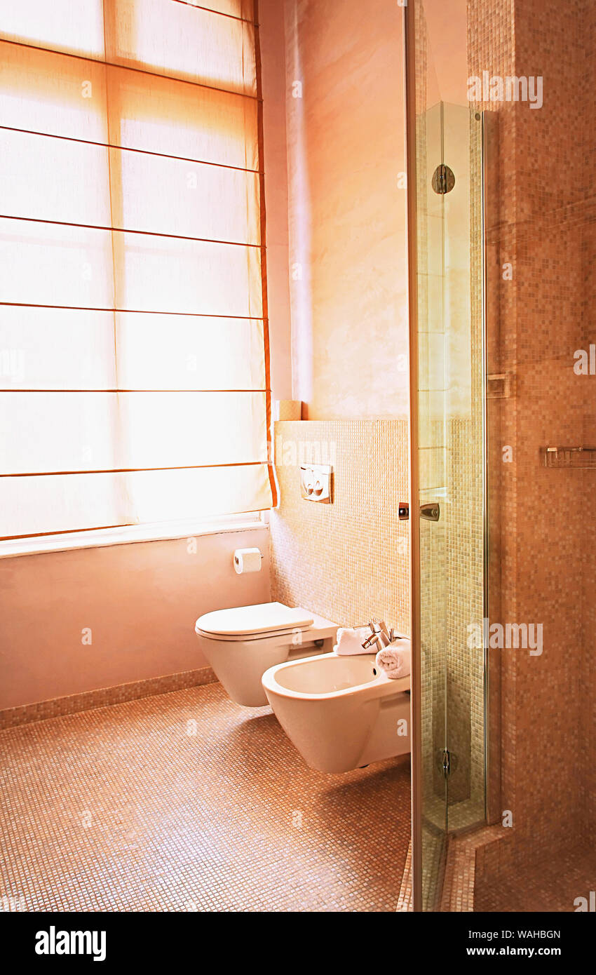 Interior shot of contemporary toilet with curtain Stock Photo Alamy