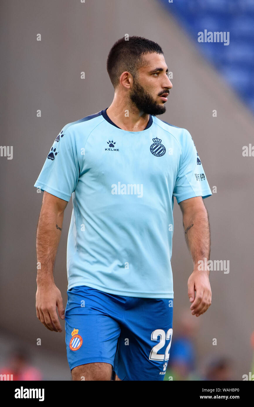 BARCELONA - AUG 18: Matias Vargas plays at the La Liga match between RCD Espanyol and Sevilla CF at the RCDE Stadium on August 18, 2019 in Barcelona, Stock Photo