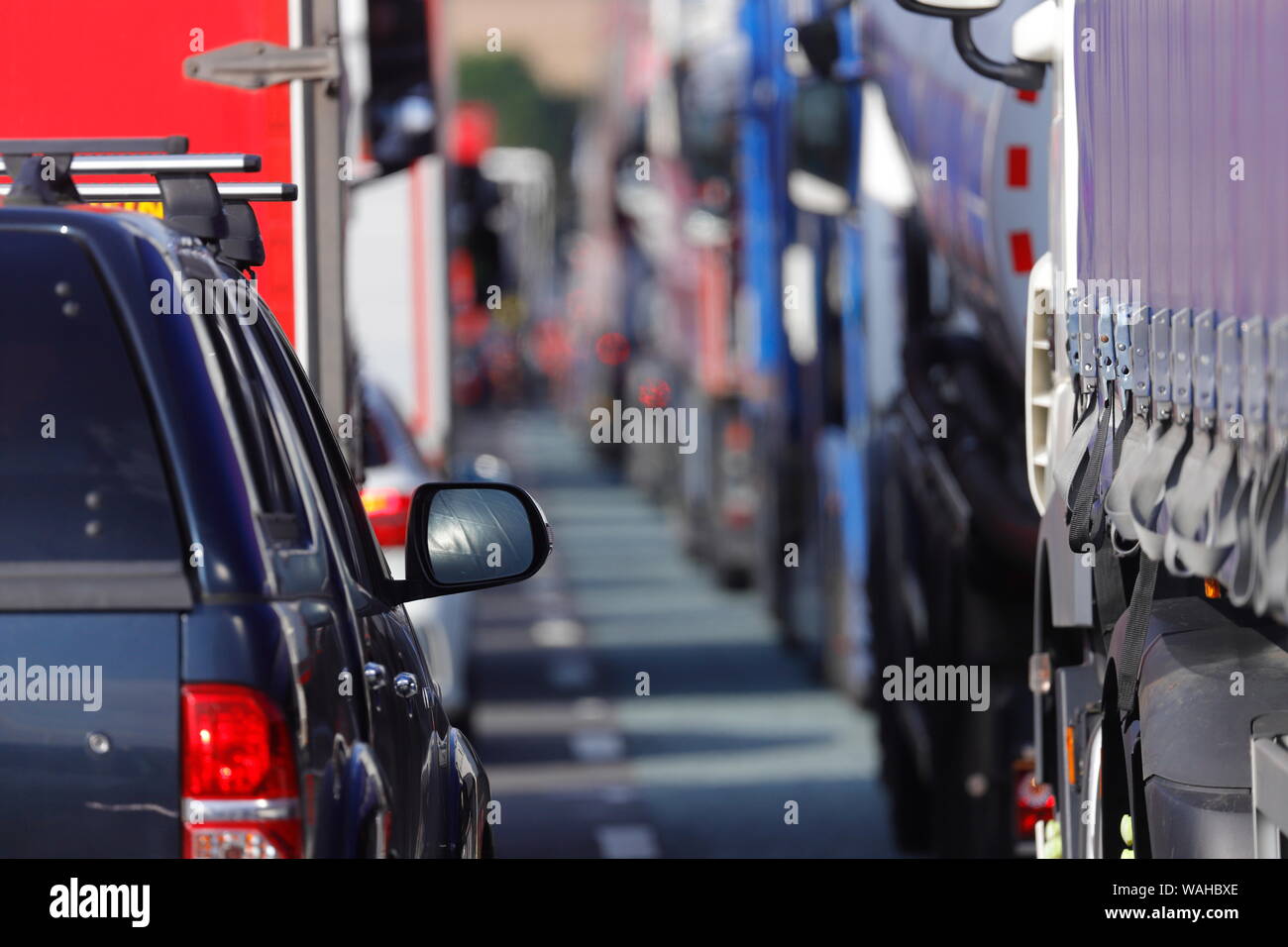 Traffic at a standstill on the M62 between junction 31 & 30 on the Westbound carriageway due to an accident involving a motorcyclist and lorry. Stock Photo