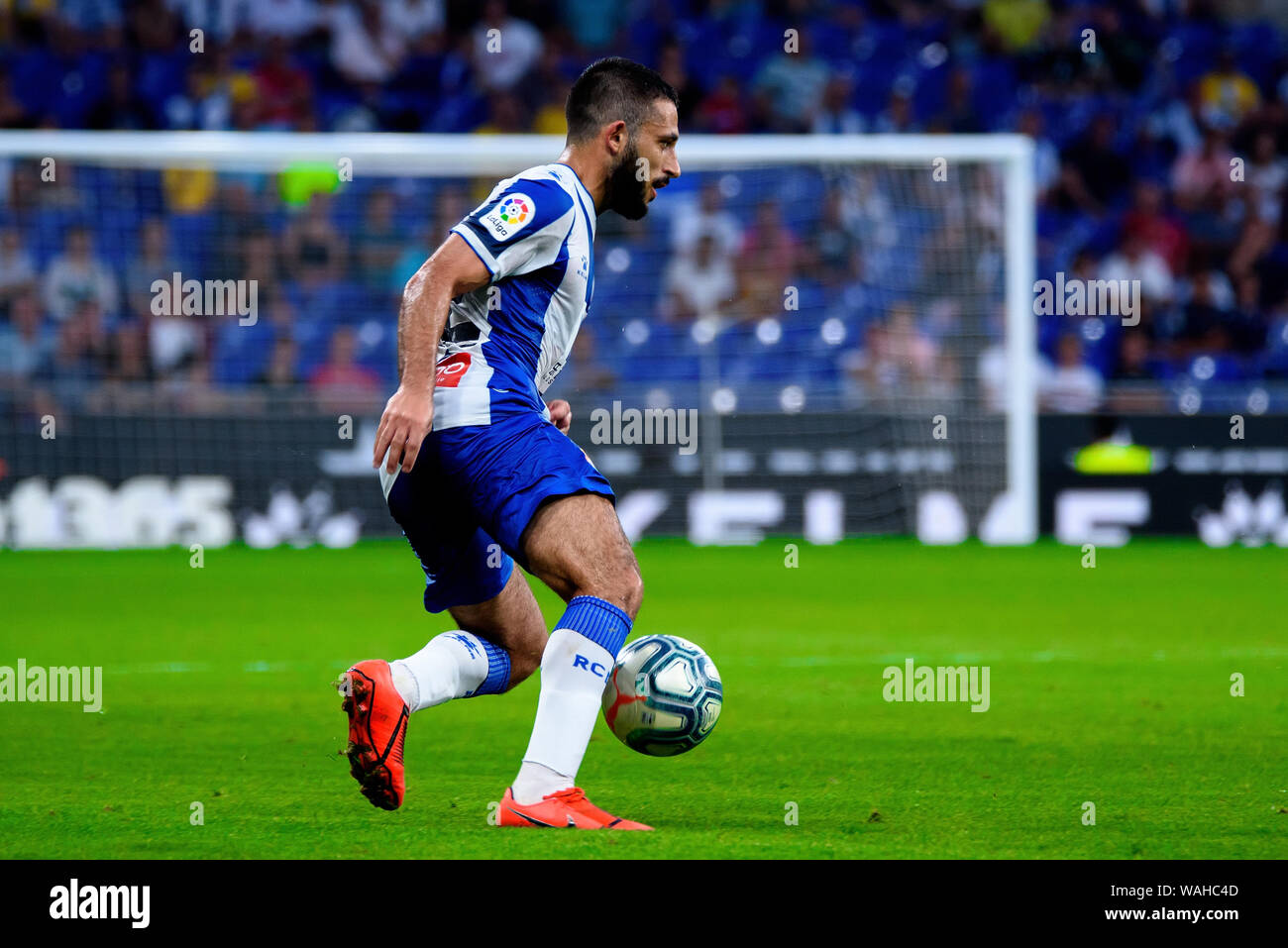 BARCELONA - AUG 18: Matias Vargas plays at the La Liga match between RCD Espanyol and Sevilla CF at the RCDE Stadium on August 18, 2019 in Barcelona, Stock Photo