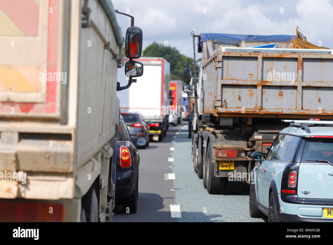 Traffic at a standstill on the M62 between junction 31 & 30 on the Westbound carriageway due to an accident involving a motorcyclist and lorry. Stock Photo