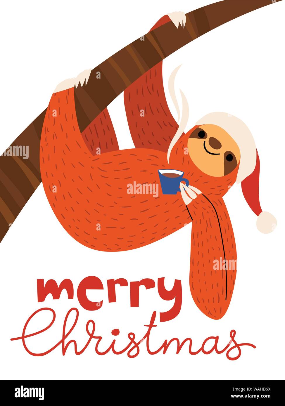 Vector Merry Christmas poster with cute funny sloth with coffee cup Stock Vector