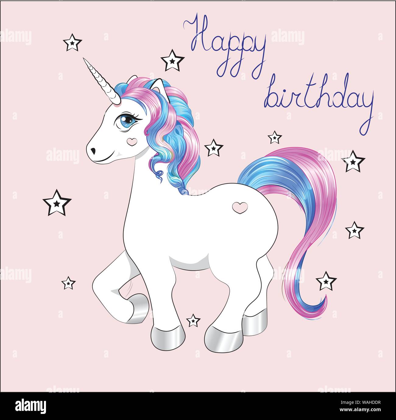 Funny Little Unicorn Pony With Pink And Blue Mane And Stars Unicorn Happy Birthday Card Stock Vector Image Art Alamy