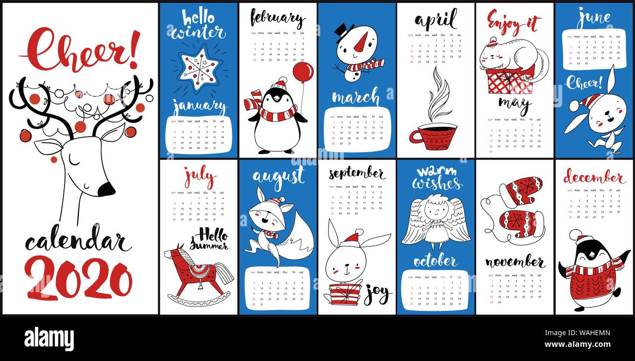 Vector cartoon 2020 calendar with Christmas symbols and animals Stock ...