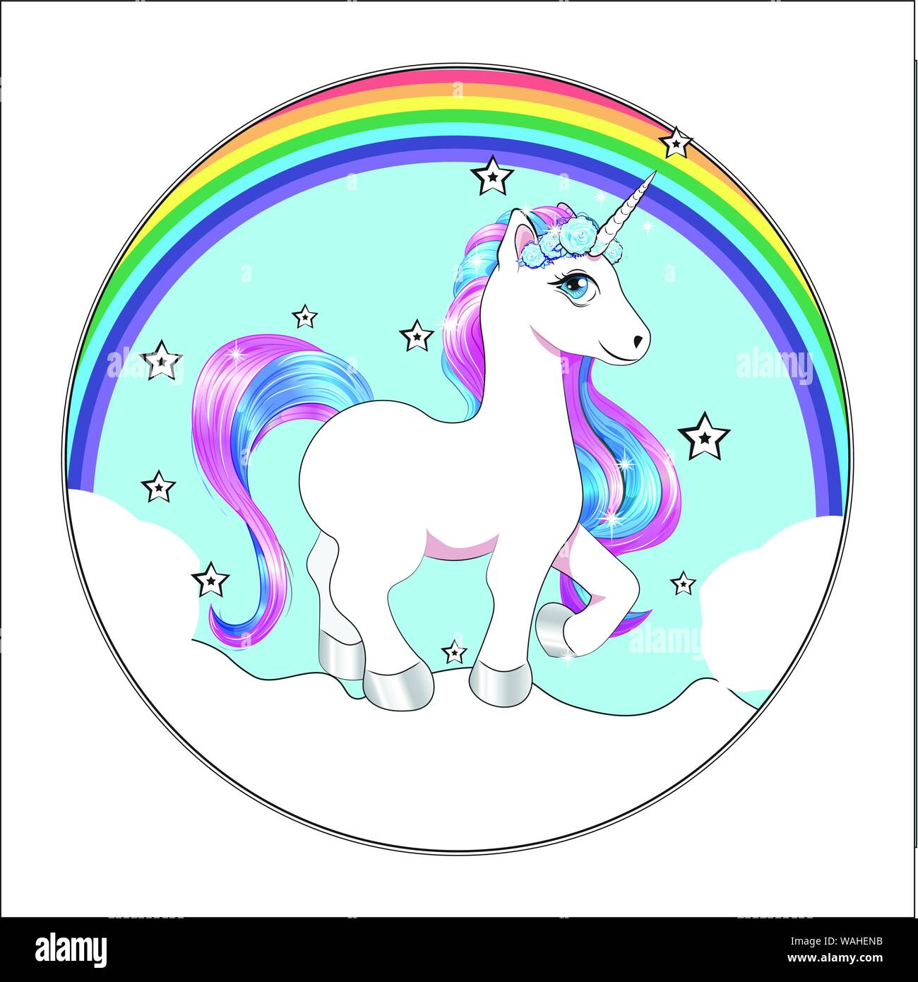 funny little unicorn pony with pink and blue mane, and stars, unicorn Happy birthday card, cake picture Stock Vector