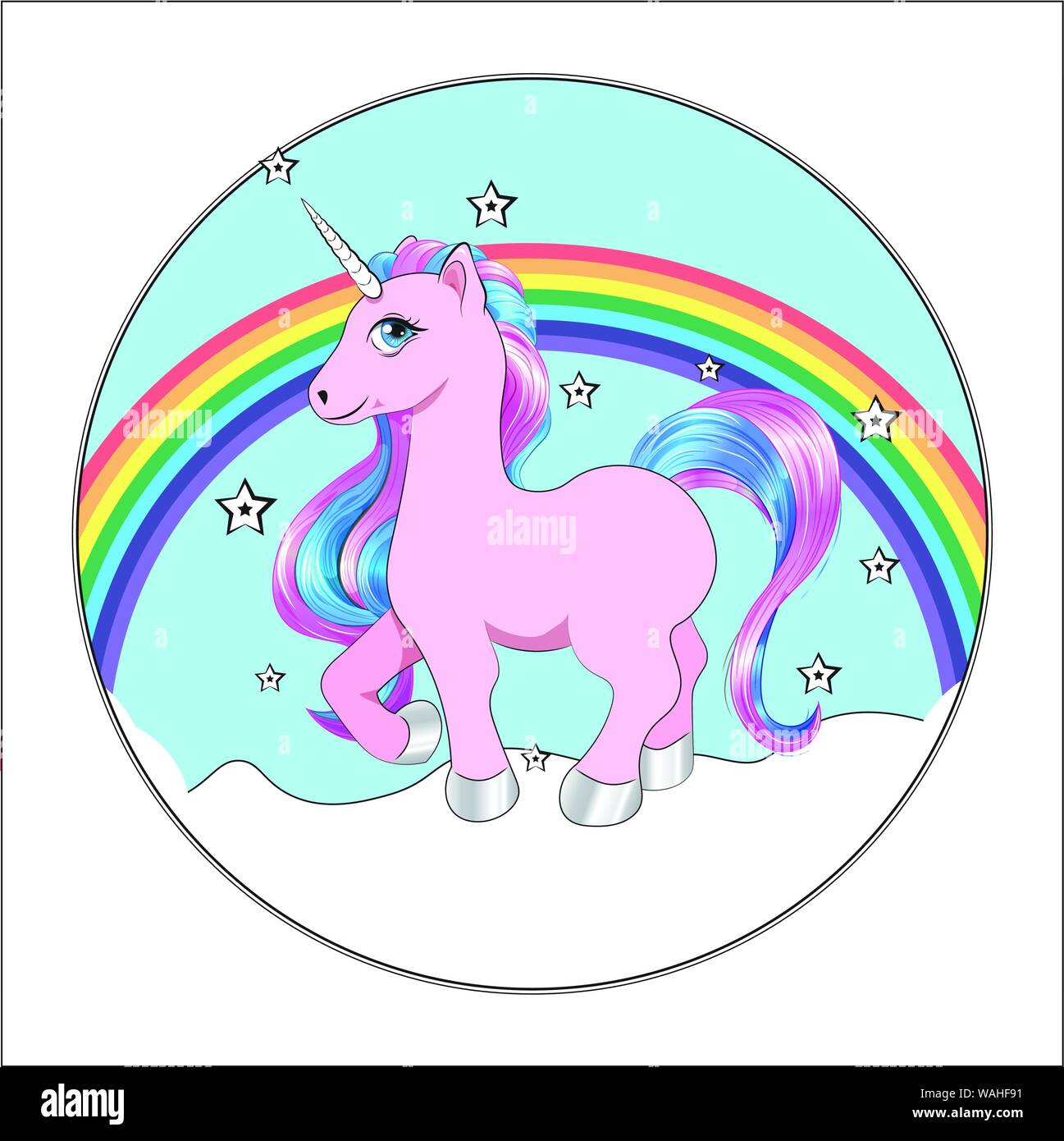 funny little unicorn pony with pink and blue mane, and stars, unicorn Happy birthday card, cake picture Stock Vector