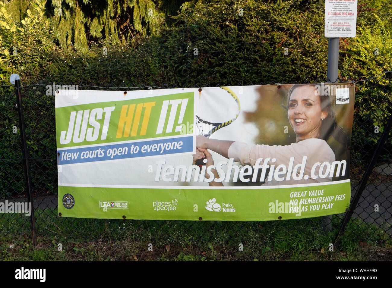 Tennis Sheffield advert at Millhouse Park, UK Stock Photo Alamy