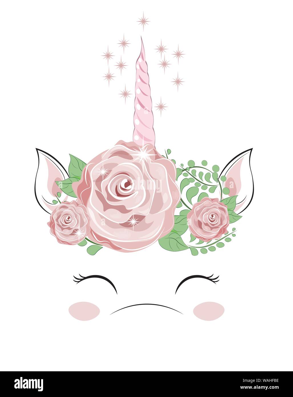 the pink horn of a unicorn surrounded with flowers, pink roses Stock