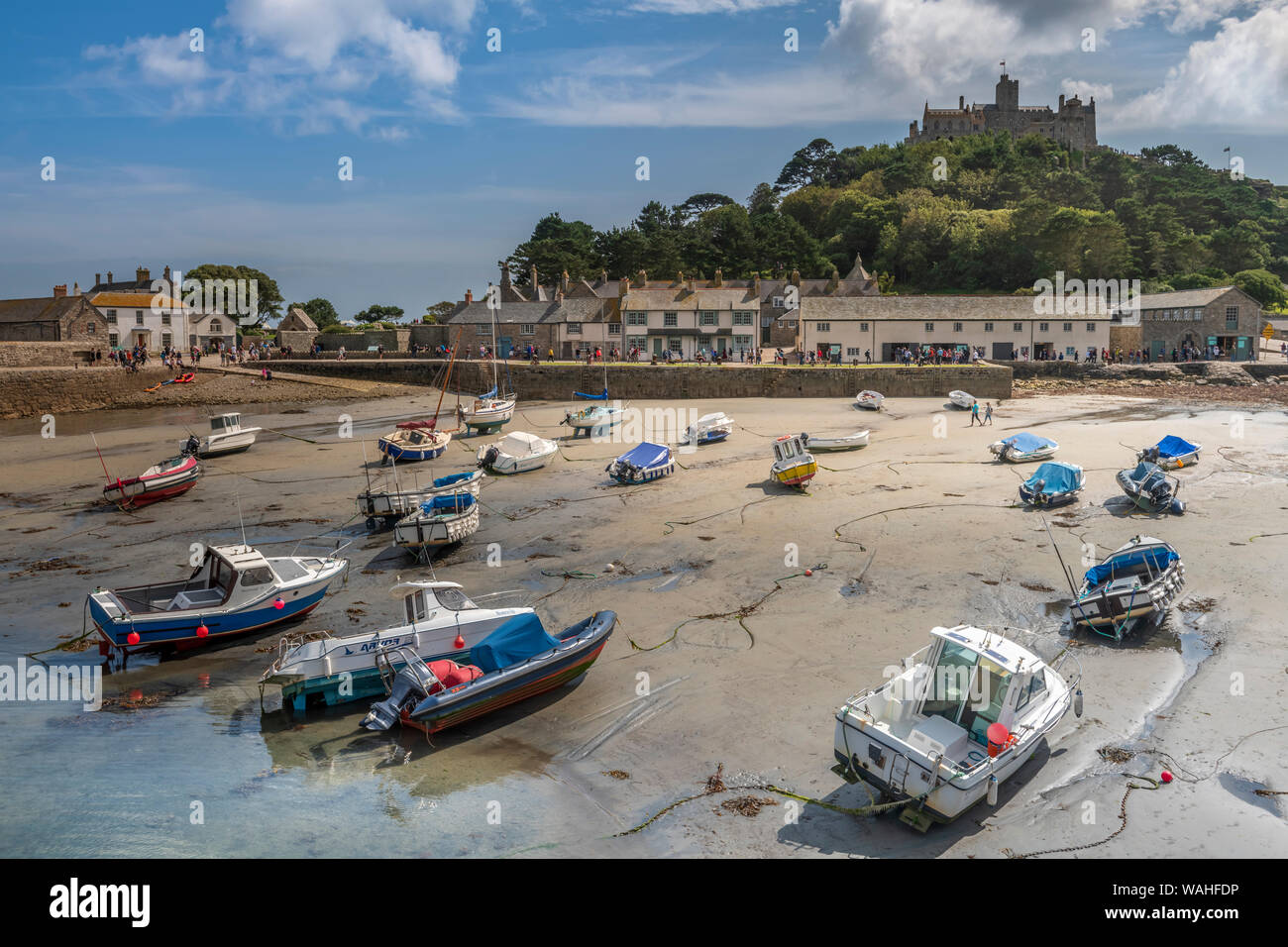 St. Michael's Mount, Marazion in West Cornwall, England. The little harbour on St Michael's Mount in Marazion Bay,  West Cornwall. Stock Photo